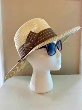 NWOT $58 Sun’N’Sand Cream & Tan Sun Hat Light Brown Gross Grain Ribbon SPF50+
